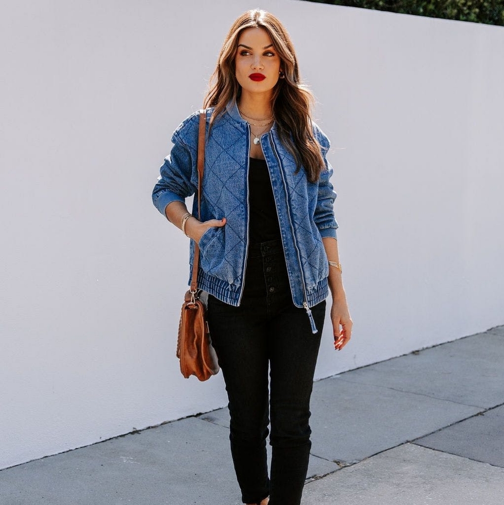 Quilted Denim Bomber Jacket with Pockets